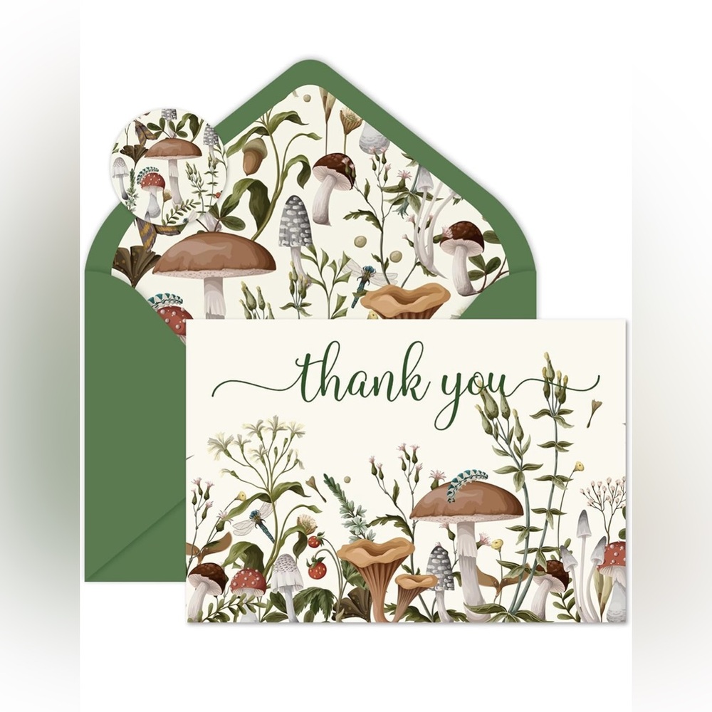 Botanical Mushroom Thank You Card Set with Matching Envelopes, 24 sets, NWT